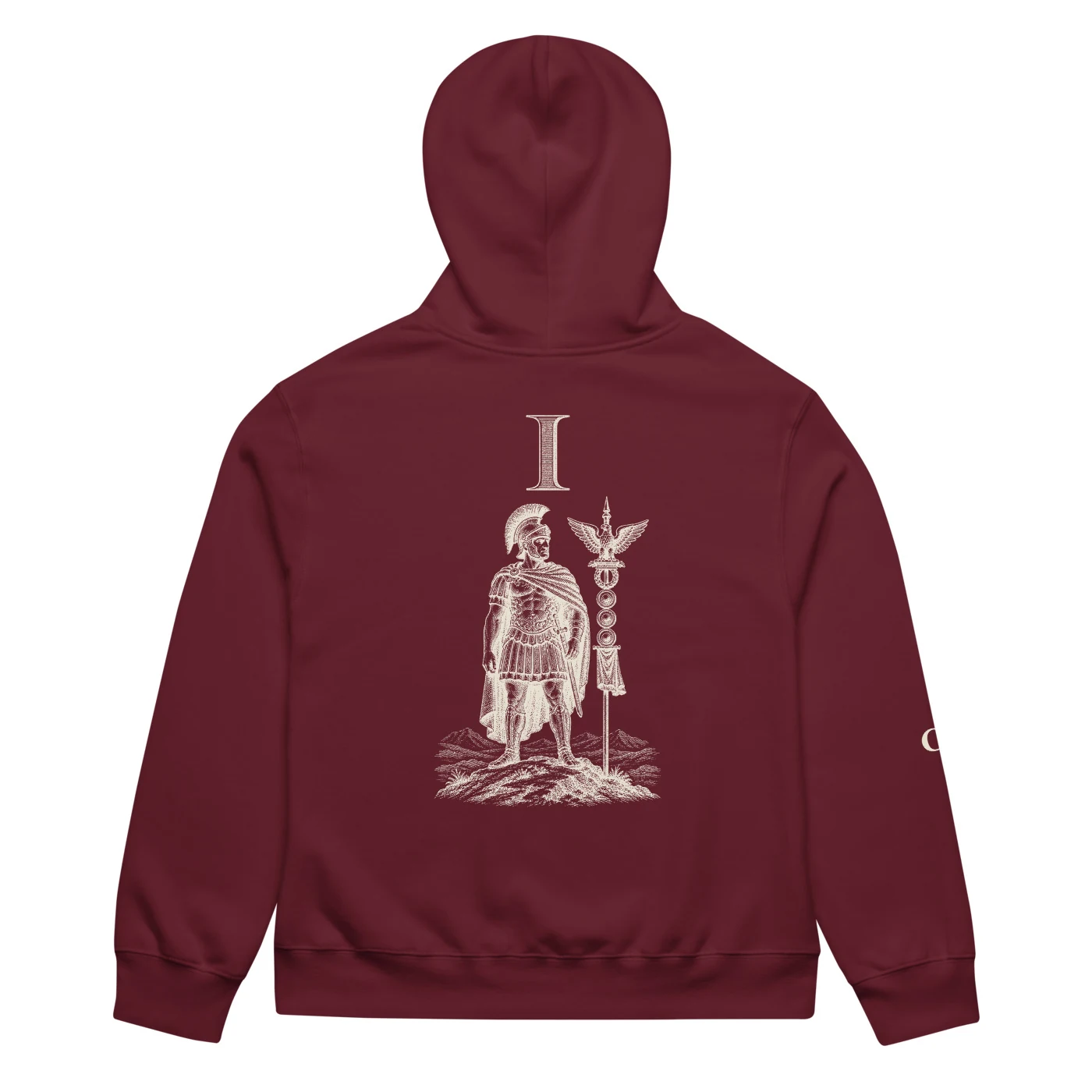 Oxblood Law Hoodie Printful mockup with the Law I engraving centered on the back and C. at the right cuff